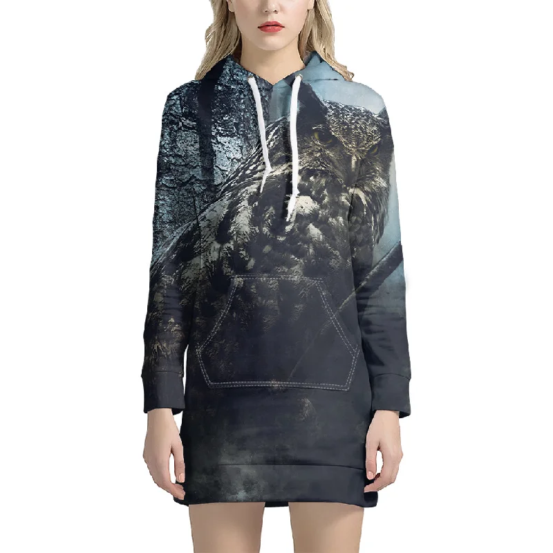 Owl At Night Print Pullover Hoodie Dress