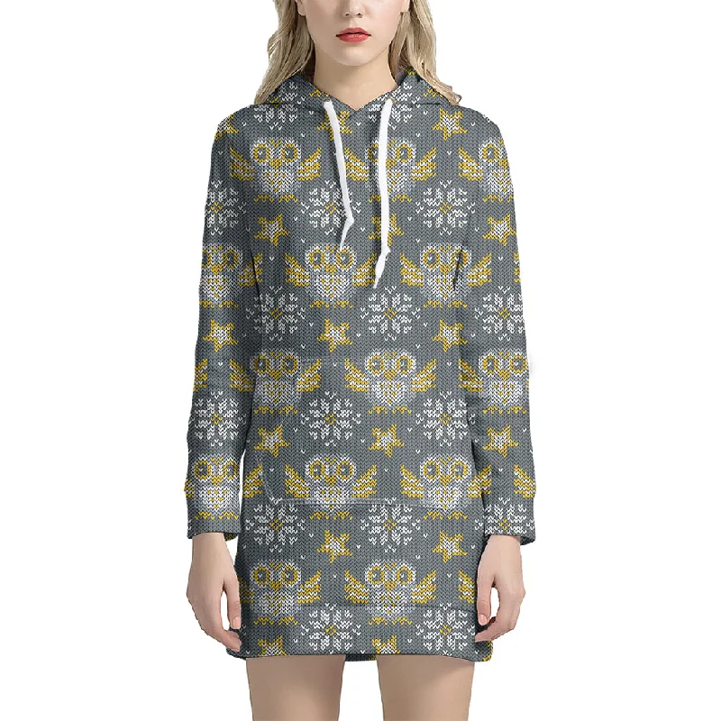 Owl Knitted Pattern Print Pullover Hoodie Dress
