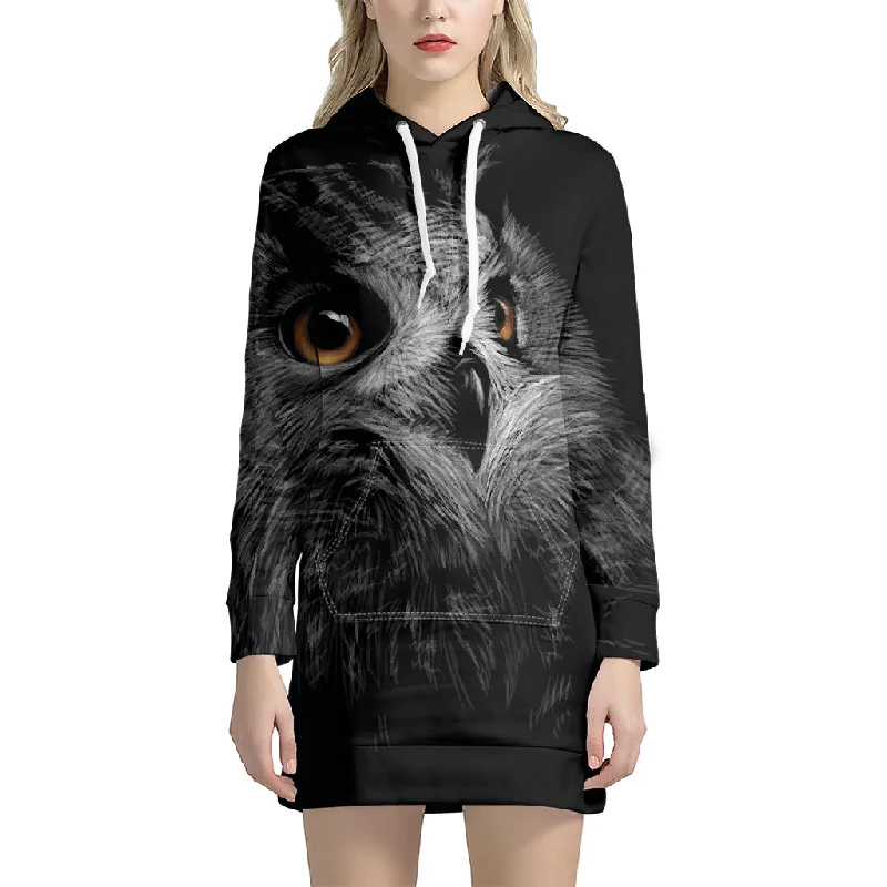 Owl Portrait Print Pullover Hoodie Dress