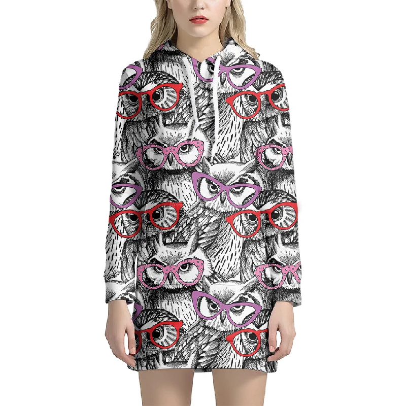 Owl With Glasses Pattern Print Pullover Hoodie Dress