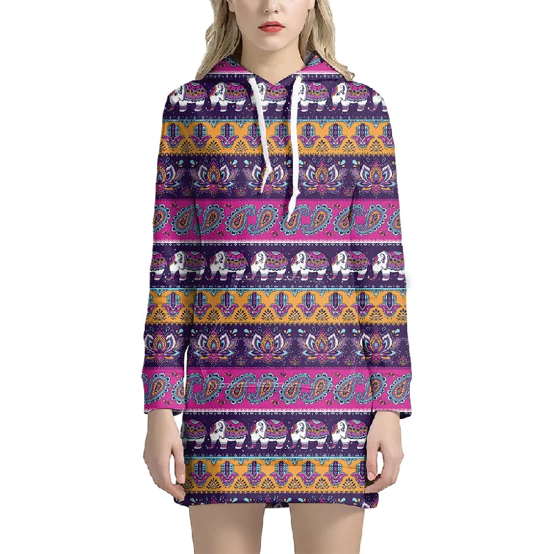 Paisley Elephant Hamsa Pattern Print Pullover Hoodie Dress