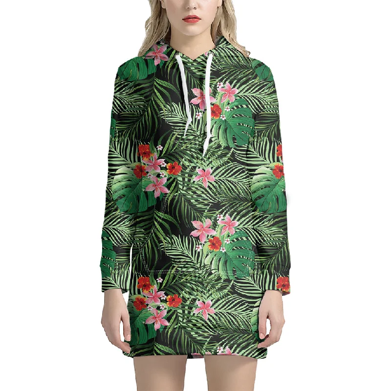 Palm Hawaiian Tropical Pattern Print Pullover Hoodie Dress