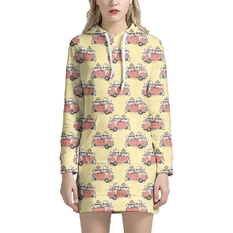 Panda Firefighter And Cat Pattern Print Pullover Hoodie Dress