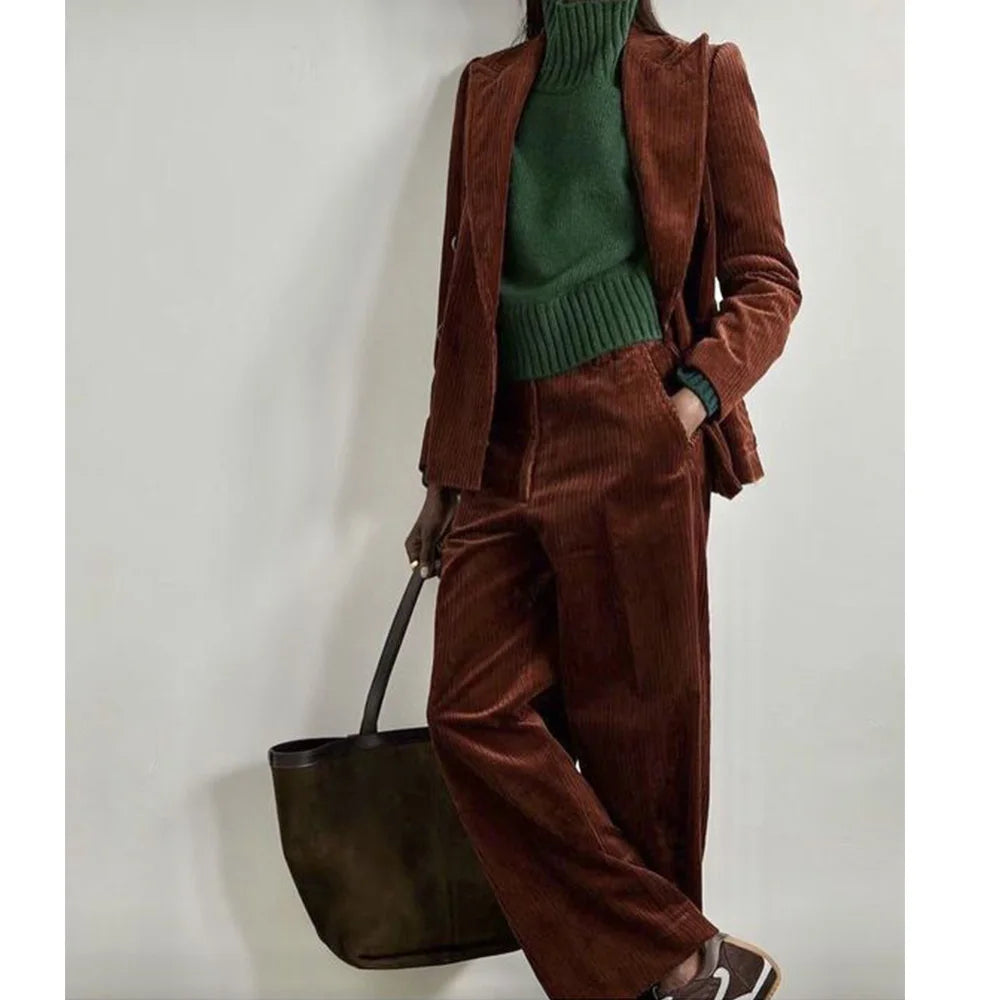 Pants Sets for Women 2 Pieces Women's Corduroy Suit Two-piece Slim Fit Fashionable Lapel Single-breasted Business Workwear Pant Chic Black Leggings