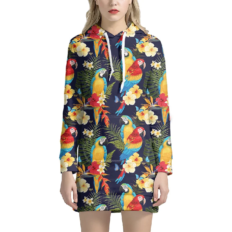 Parrot And Flower Pattern Print Pullover Hoodie Dress