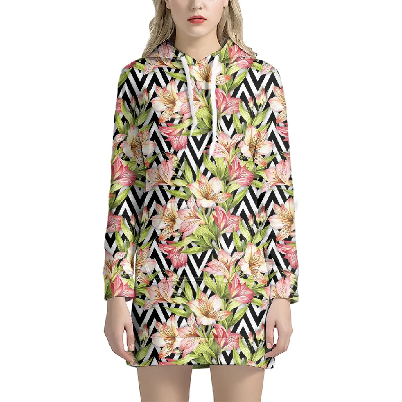 Pastel Alstroemeria Zigzag Pattern Print Pullover Hoodie Dress