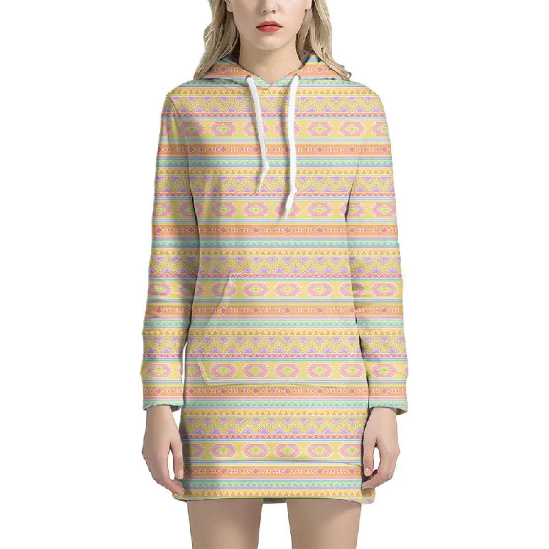 Pastel Aztec Tribal Pattern Print Pullover Hoodie Dress