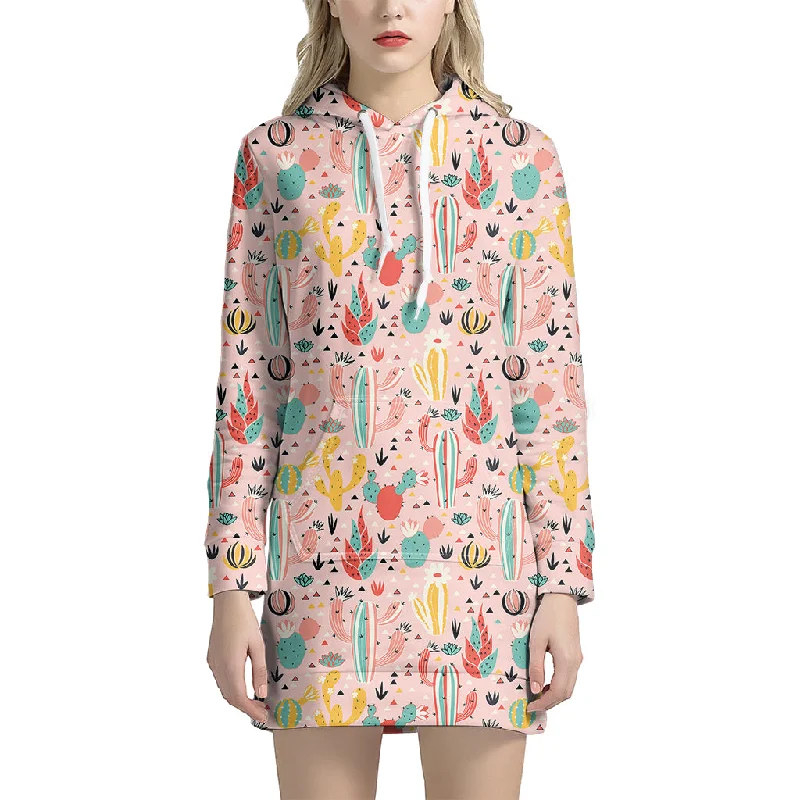 Pastel Cactus And Succulent Print Pullover Hoodie Dress