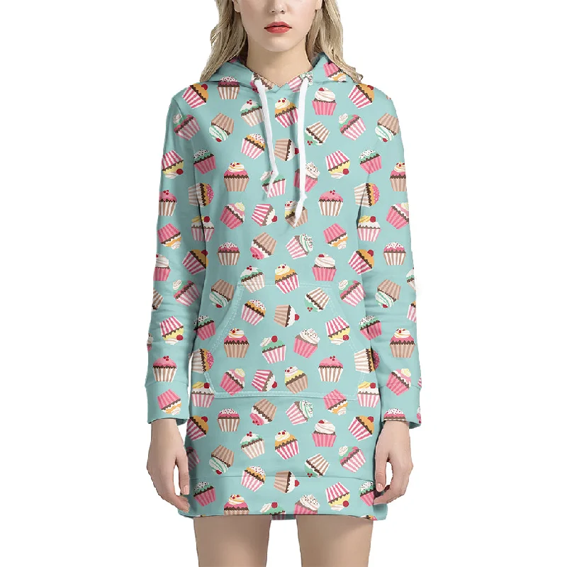 Pastel Cupcake Pattern Print Pullover Hoodie Dress