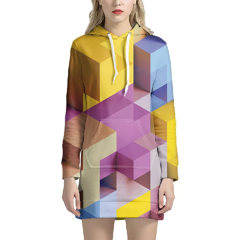Pastel Geometric Cubic Print Pullover Hoodie Dress