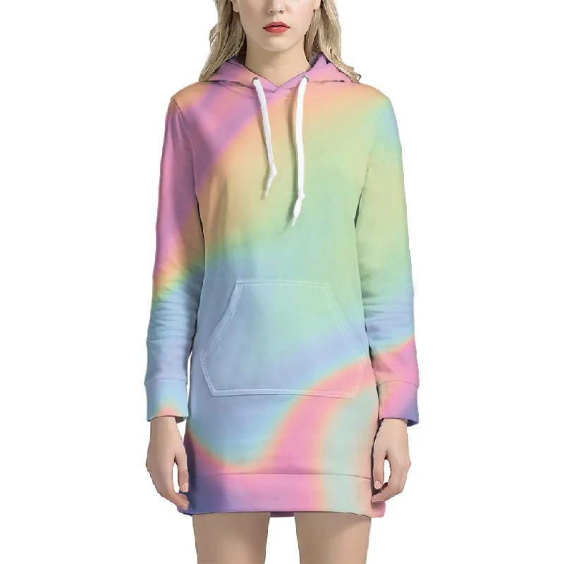 Pastel Holographic Print Pullover Hoodie Dress