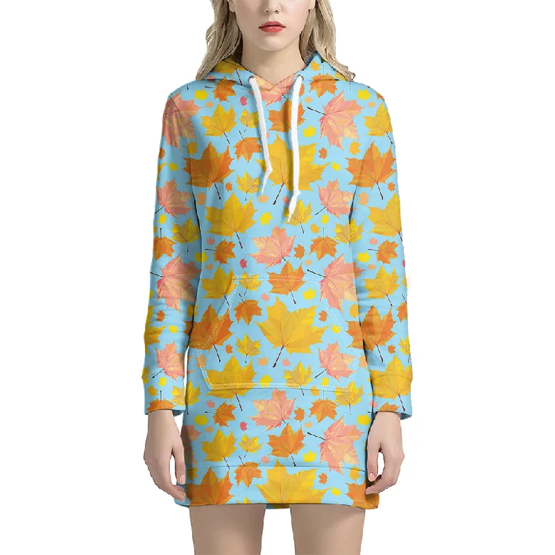 Pastel Maple Leaves Pattern Print Pullover Hoodie Dress