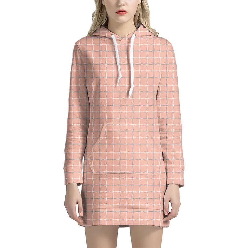 Pastel Orange Tattersall Pattern Print Pullover Hoodie Dress