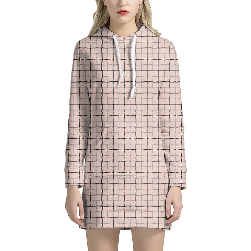Pastel Pink And Black Tattersall Print Pullover Hoodie Dress