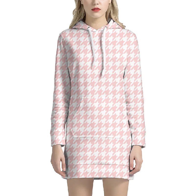 Pastel Pink And White Houndstooth Print Pullover Hoodie Dress