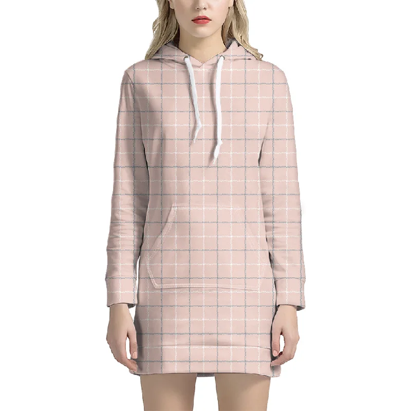 Pastel Pink Tattersall Pattern Print Pullover Hoodie Dress
