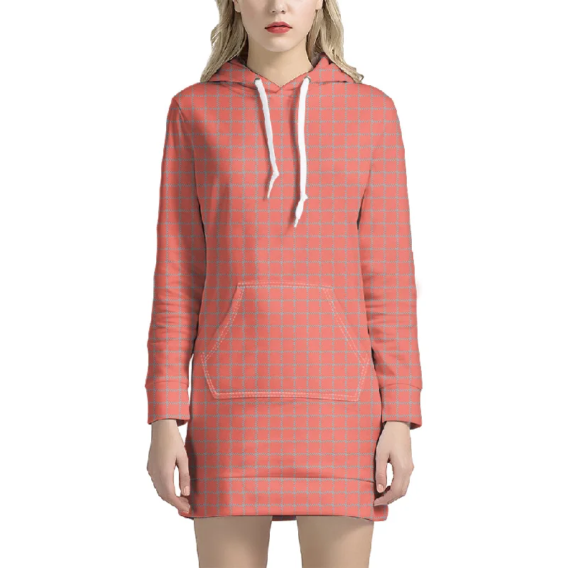 Pastel Red And Grey Tattersall Print Pullover Hoodie Dress