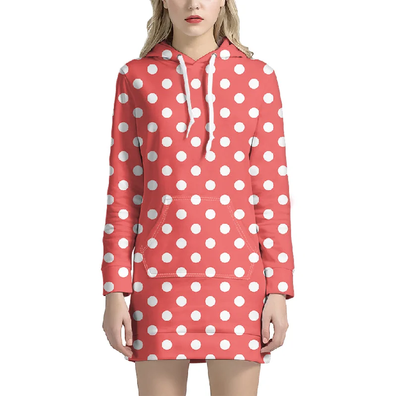 Pastel Red And White Polka Dot Print Pullover Hoodie Dress