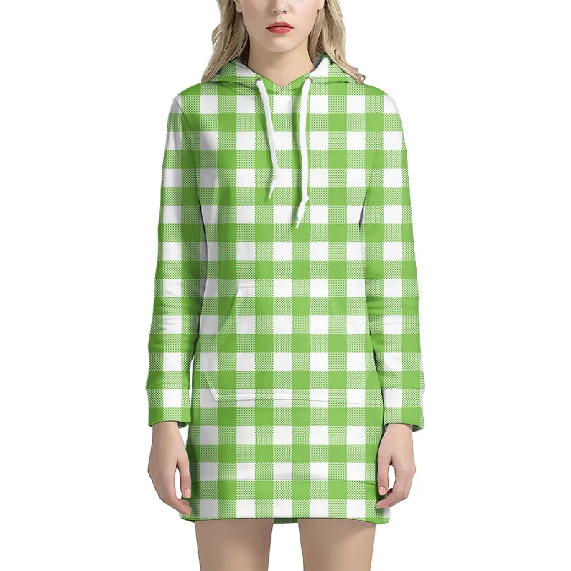 Pear Green And White Gingham Print Pullover Hoodie Dress