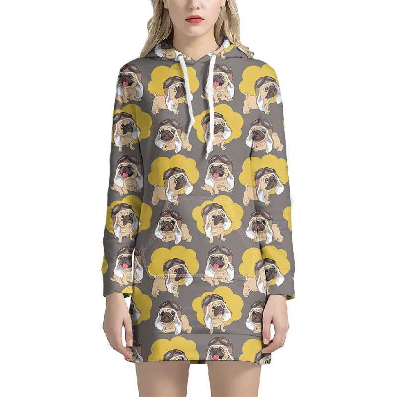 Pilot Pug Pattern Print Pullover Hoodie Dress