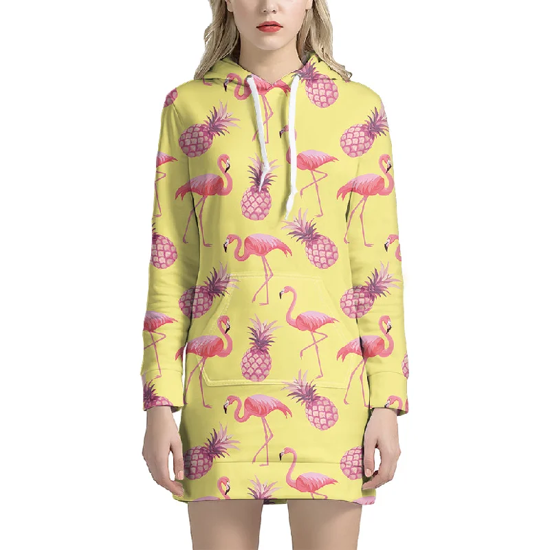 Pineapple And Flamingo Pattern Print Pullover Hoodie Dress