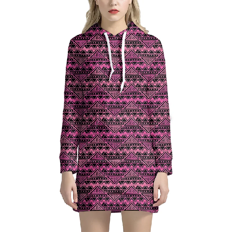 Pink African Ethnic Pattern Print Pullover Hoodie Dress