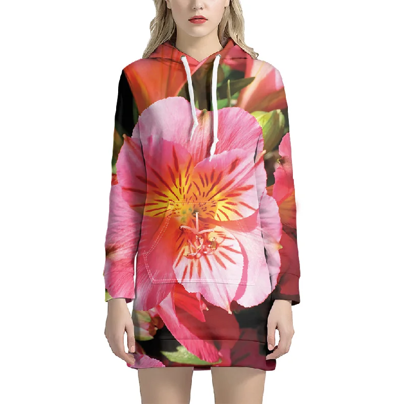 Pink Alstroemeria Print Pullover Hoodie Dress