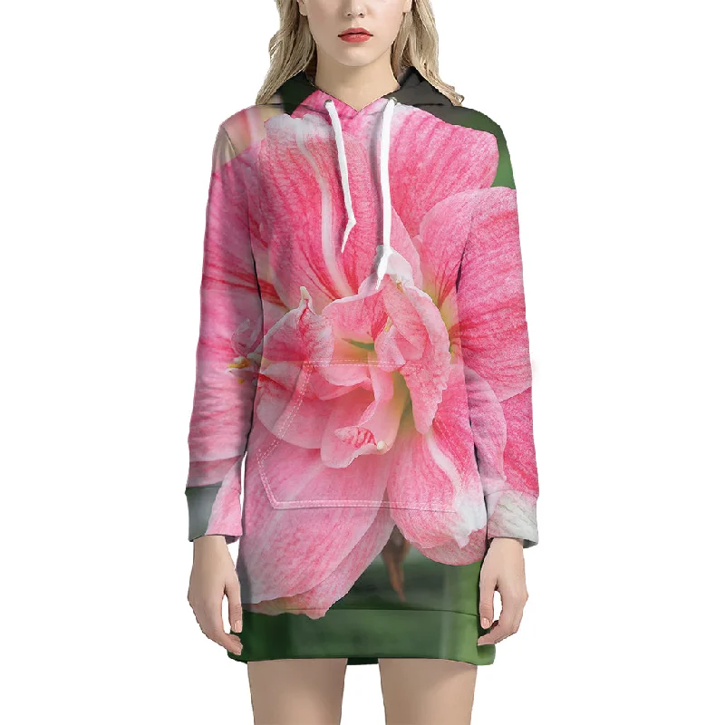 Pink Amaryllis Print Pullover Hoodie Dress