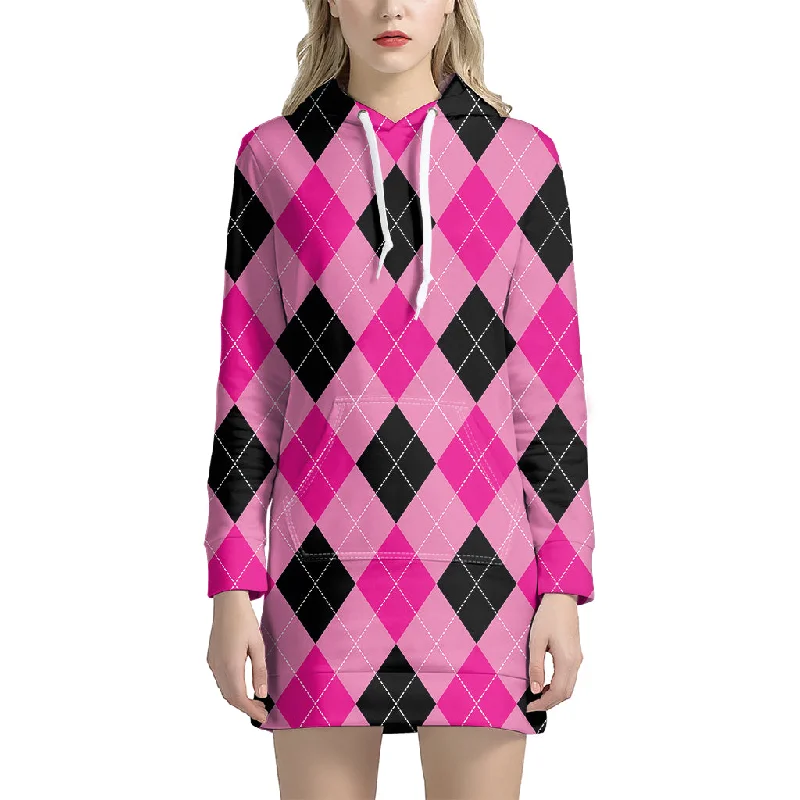 Pink And Black Argyle Pattern Print Pullover Hoodie Dress