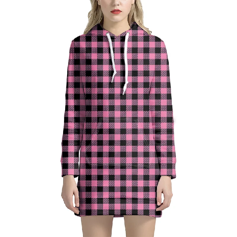 Pink And Black Buffalo Check Print Pullover Hoodie Dress