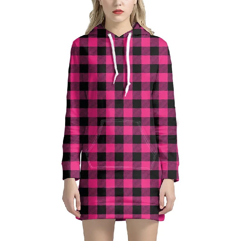 Pink And Black Buffalo Plaid Print Pullover Hoodie Dress