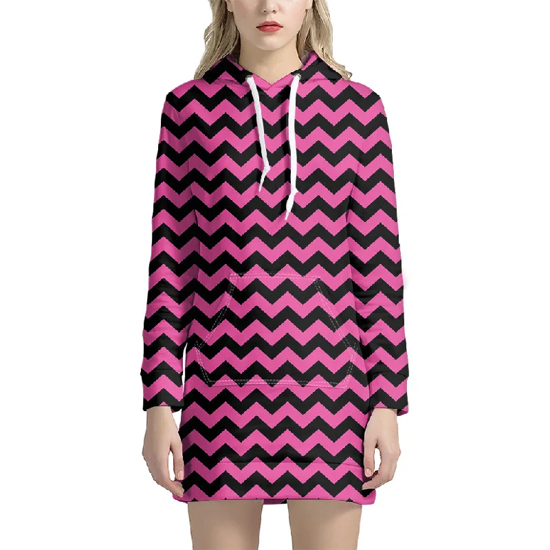 Pink And Black Chevron Pattern Print Pullover Hoodie Dress