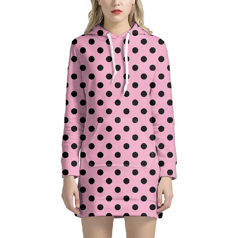 Pink And Black Polka Dot Pattern Print Pullover Hoodie Dress