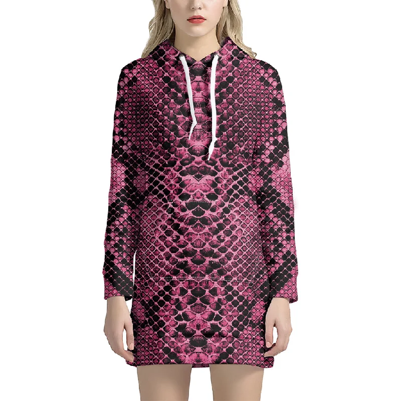 Pink And Black Snakeskin Print Pullover Hoodie Dress