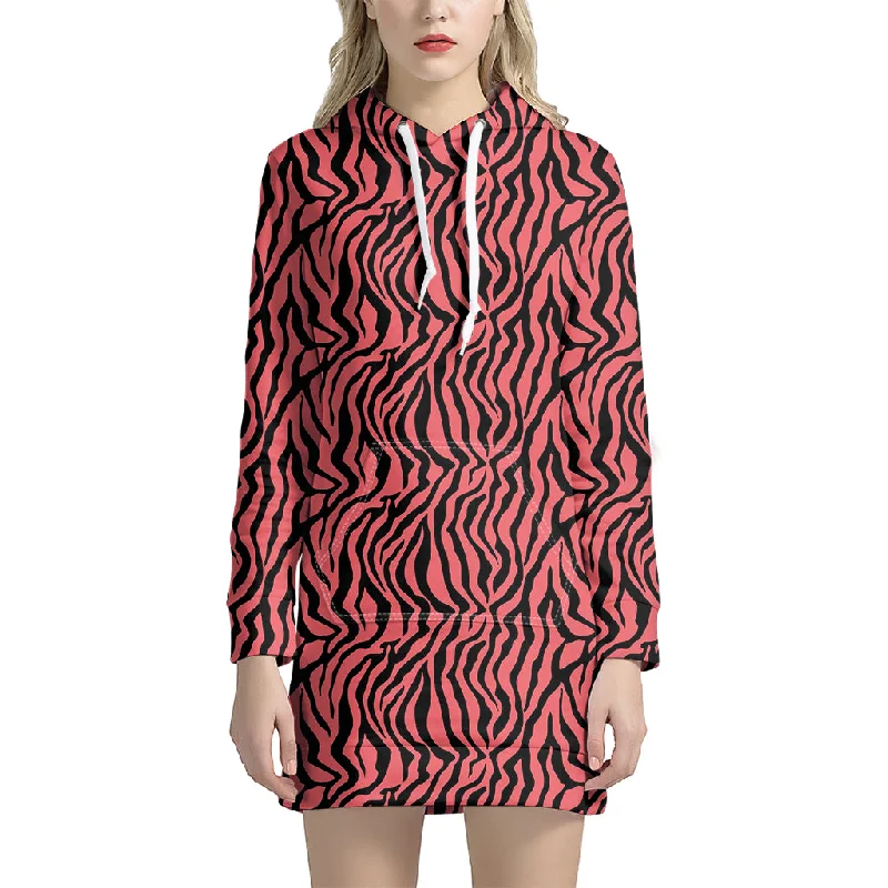 Pink And Black Tiger Stripe Print Pullover Hoodie Dress
