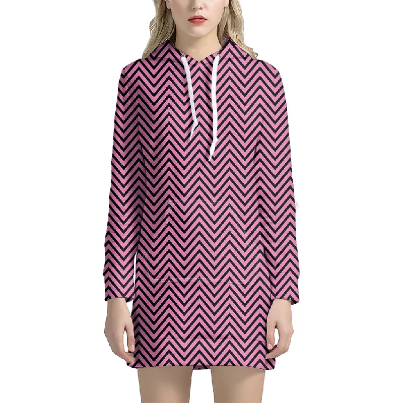 Pink And Black Zigzag Pattern Print Pullover Hoodie Dress