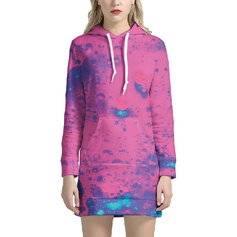 Pink And Blue Acid Melt Print Pullover Hoodie Dress