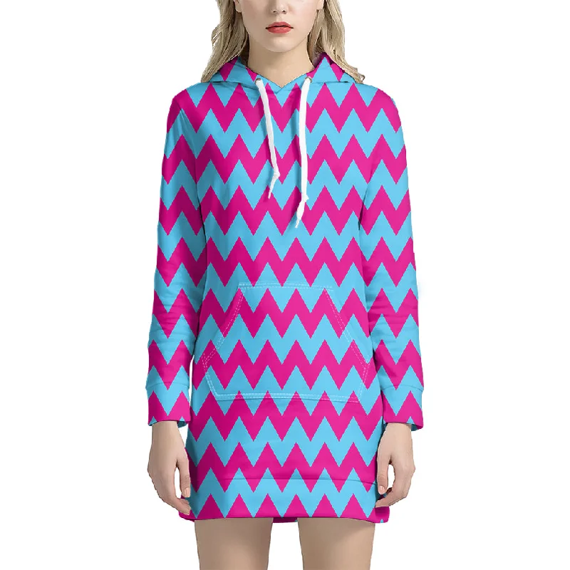 Pink And Blue Chevron Pattern Print Pullover Hoodie Dress