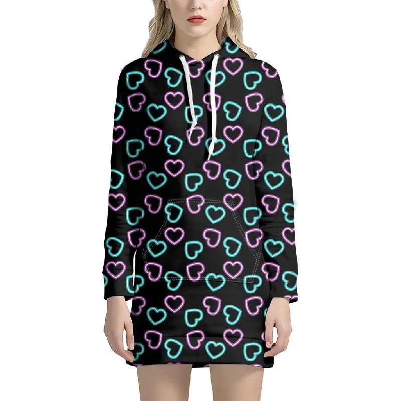 Pink And Blue Lights Heart Pattern Print Pullover Hoodie Dress