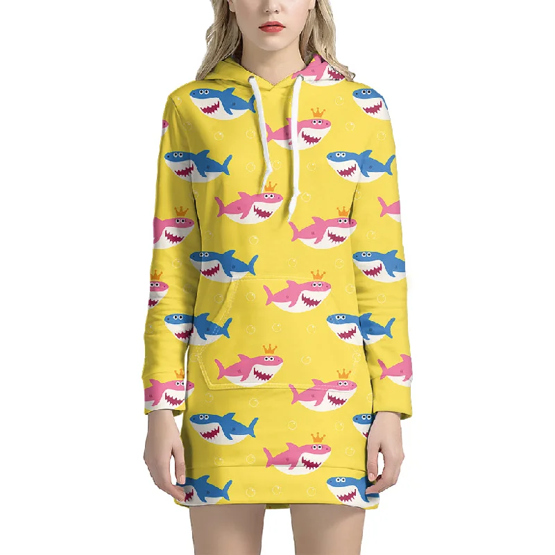 Pink And Blue Shark Pattern Print Pullover Hoodie Dress