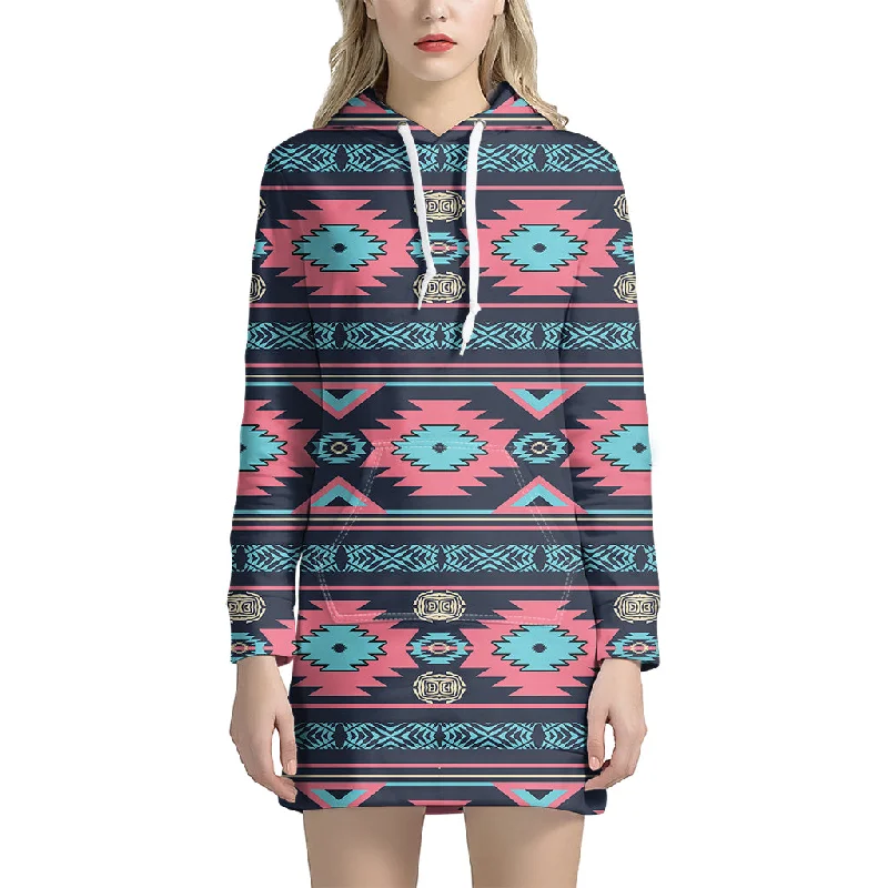 Pink And Blue Southwestern Pattern Print Pullover Hoodie Dress