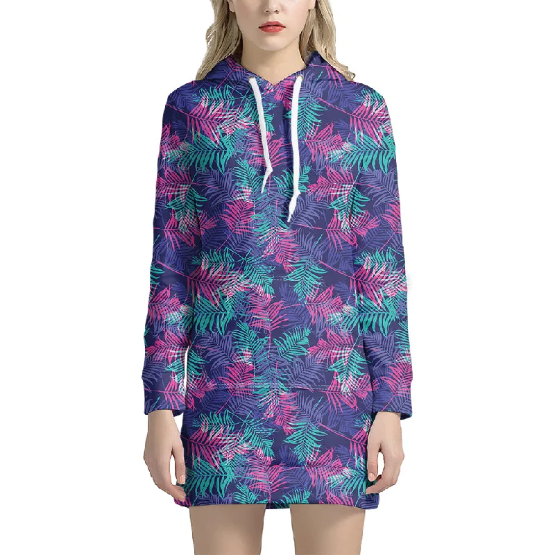 Pink And Blue Tropical Palm Leaf Print Pullover Hoodie Dress