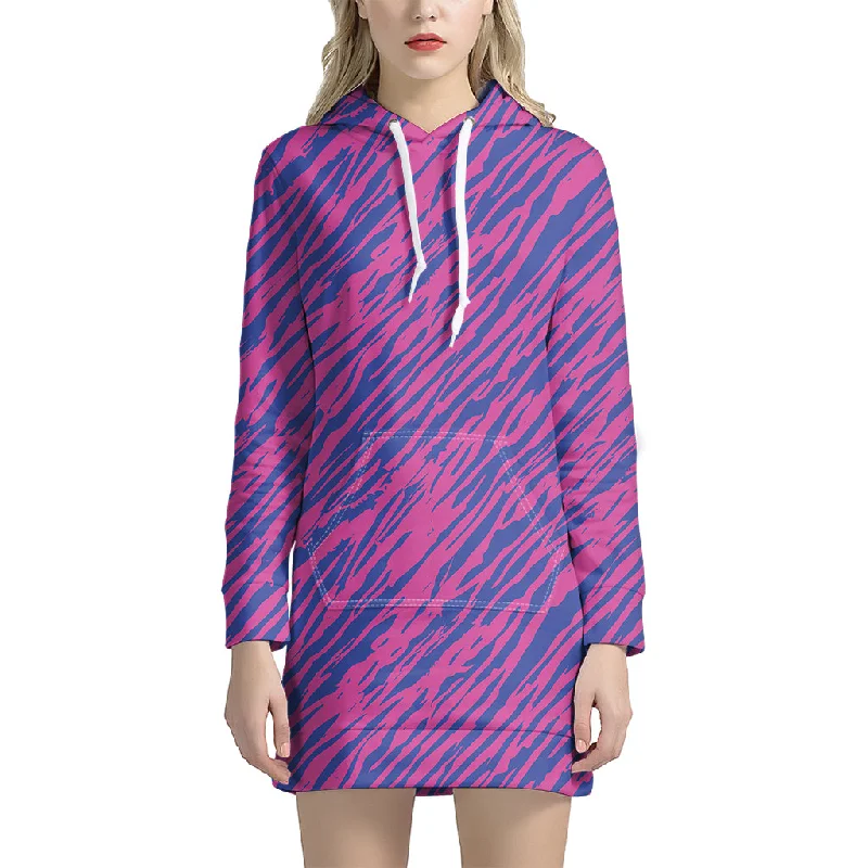 Pink And Blue Zebra Stripes Print Pullover Hoodie Dress
