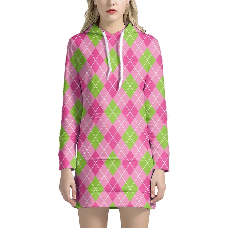 Pink And Green Argyle Pattern Print Pullover Hoodie Dress