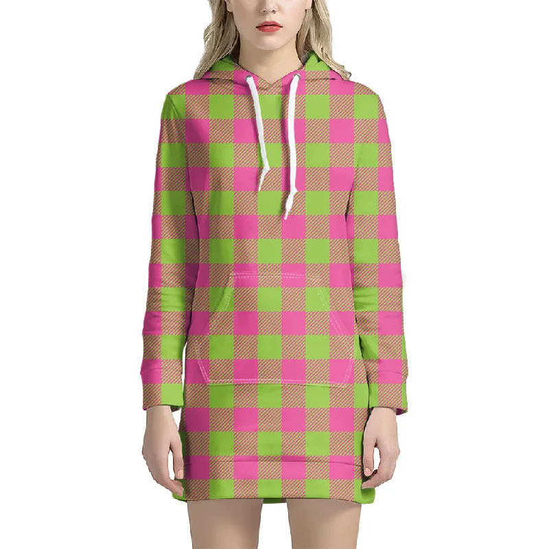 Pink And Green Buffalo Plaid Print Pullover Hoodie Dress
