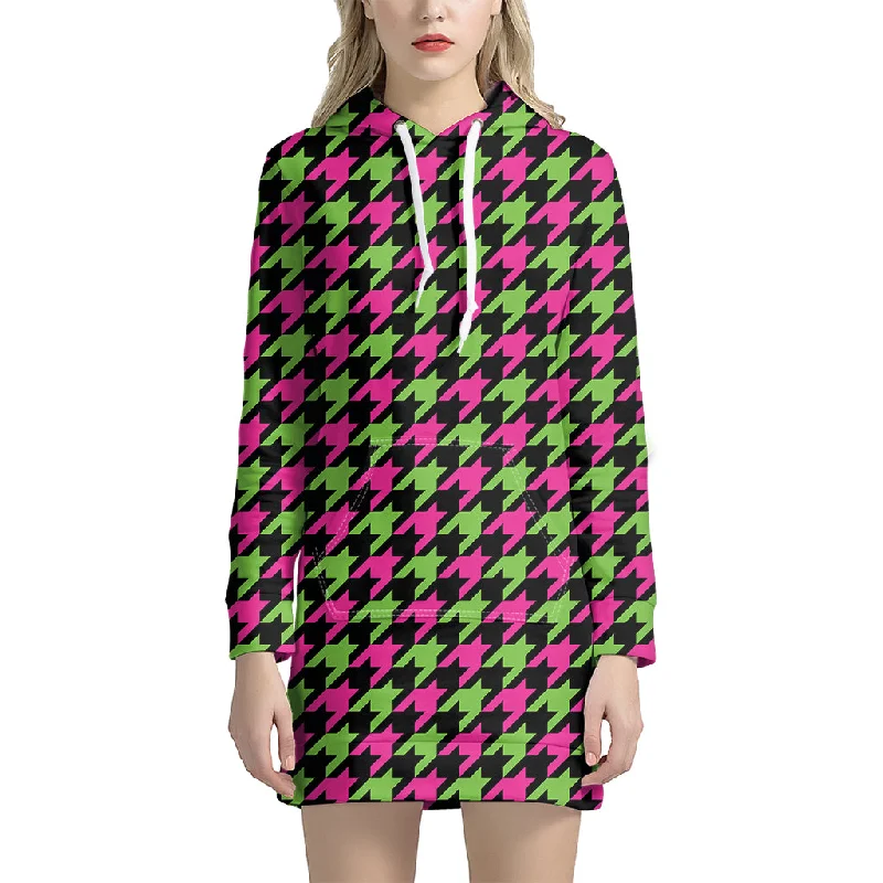 Pink And Green Houndstooth Pattern Print Pullover Hoodie Dress