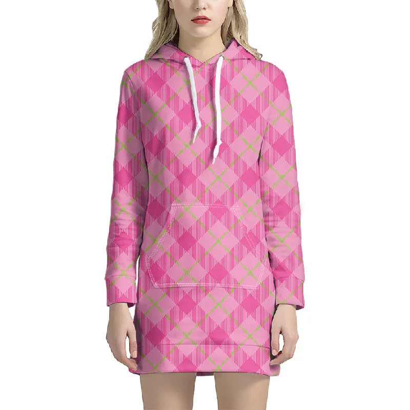 Pink And Green Plaid Pattern Print Pullover Hoodie Dress