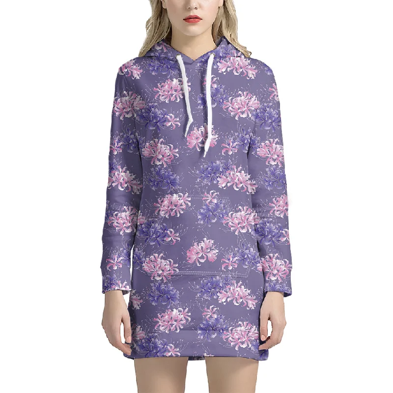 Pink And Purple Japanese Amaryllis Print Pullover Hoodie Dress
