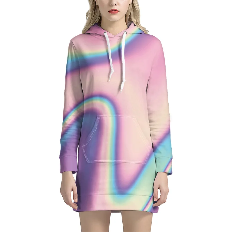 Pink And Teal Holographic Print Pullover Hoodie Dress