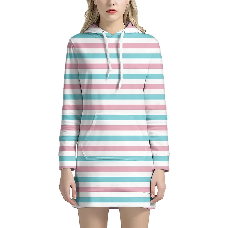 Pink And Teal Striped Pattern Print Pullover Hoodie Dress